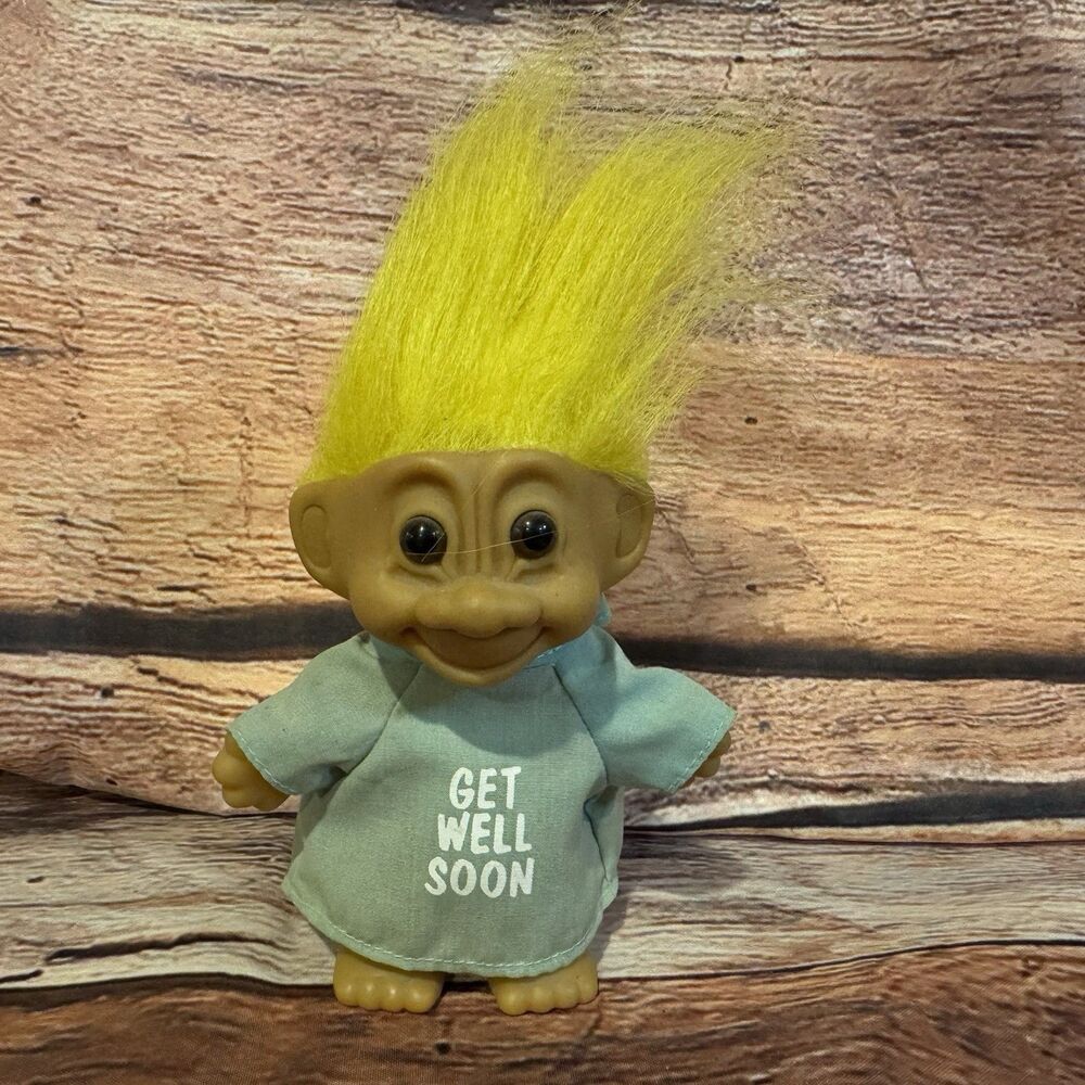 Russ Berrie Get Well Soon Troll Doll 5" Item 18311 Yellow Hair Hospital Gown VTG